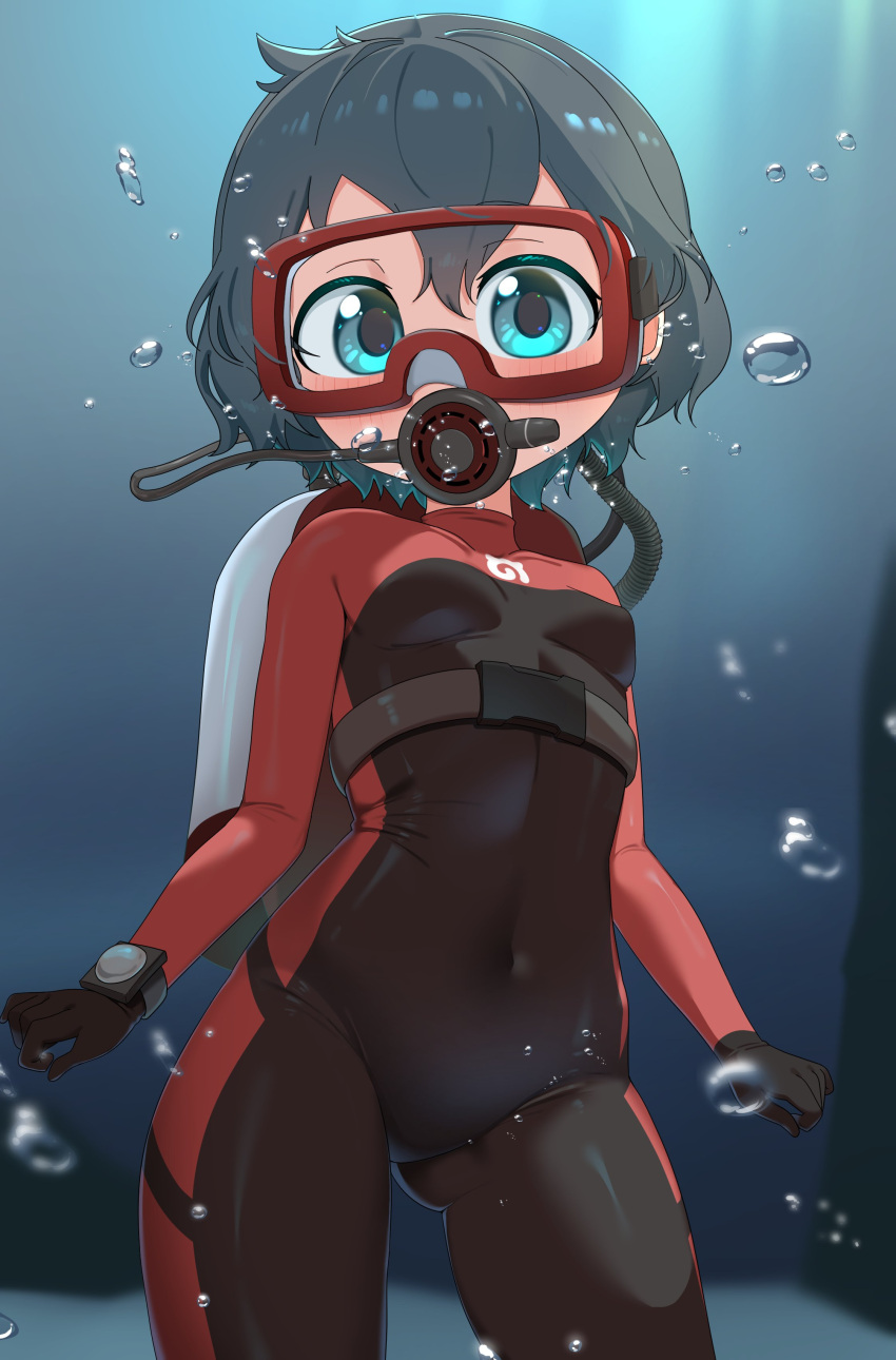 absurdres alternate_costume black_gloves black_hair black_wetsuit blue_eyes blush bubble chis_(js60216) cowboy_shot female gloves goggles hair_between_eyes highres impossible_clothes japari_symbol kaban_(kemono_friends) kemono_friends long_sleeves looking_at_viewer navel rebreather red_wetsuit scuba scuba_gear scuba_tank short_hair sidelocks solo underwater watch