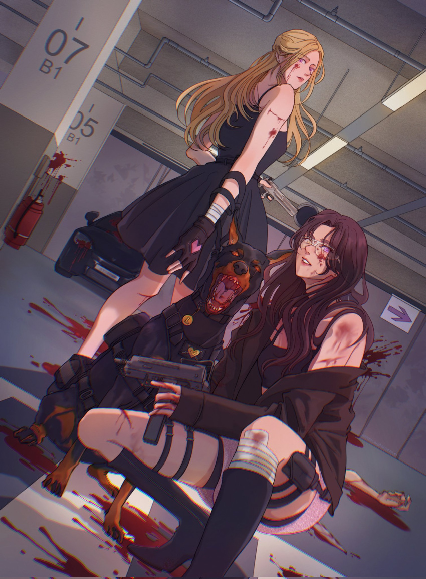 2girls animal black_dress black_gloves blackpink blonde_hair blood blood_on_face blood_on_ground blood_on_wall boots brown_hair canine car commentary dress dutch_angle eren_xg7 fingerless_gloves glasses gloves highres holding holding_weapon k-pop lisa_(blackpink) long_hair looking_at_viewer motor_vehicle multiple_girls parking_lot parted_lips real_life rose_(blackpink) sidelocks squatting weapon