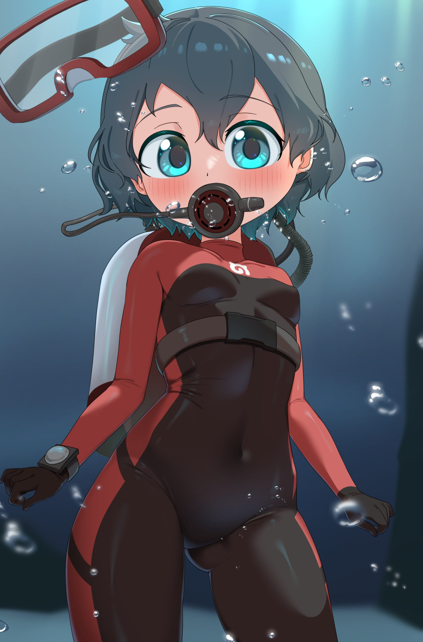 absurdres alternate_costume black_gloves black_hair black_wetsuit blue_eyes blush bubble chis_(js60216) cowboy_shot female gloves hair_between_eyes highres impossible_clothes japari_symbol kaban_(kemono_friends) kemono_friends long_sleeves looking_at_viewer navel rebreather red_wetsuit scuba scuba_gear scuba_tank short_hair sidelocks solo underwater watch