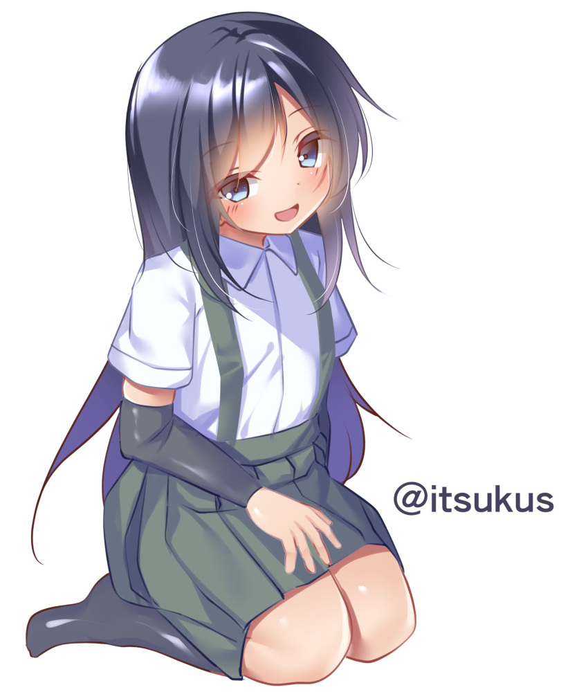 arm_warmers asashio_(kancolle) black_hair black_socks blue_eyes commentary_request female full_body grey_skirt highres kantai_collection lap_pillow_invitation long_hair miyajima_(anthem-anthem) one-hour_drawing_challenge seiza simple_background sitting skirt socks solo suspender_skirt suspenders twitter_username white_background