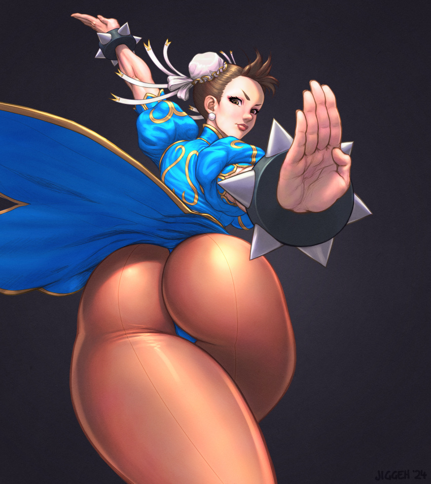 artist_name ass bracelet breasts brown_eyes brown_hair bun_cover china_dress chinese_clothes chun-li closed_mouth commentary dress earrings female fighting_stance from_behind gold_trim hair_ornament highleg highres jewelry jiggeh lips looking_at_viewer looking_back medium_breasts pantyhose puffy_short_sleeves puffy_sleeves short_sleeves signature simple_background spiked_bracelet spikes street_fighter street_fighter_ii_(series)