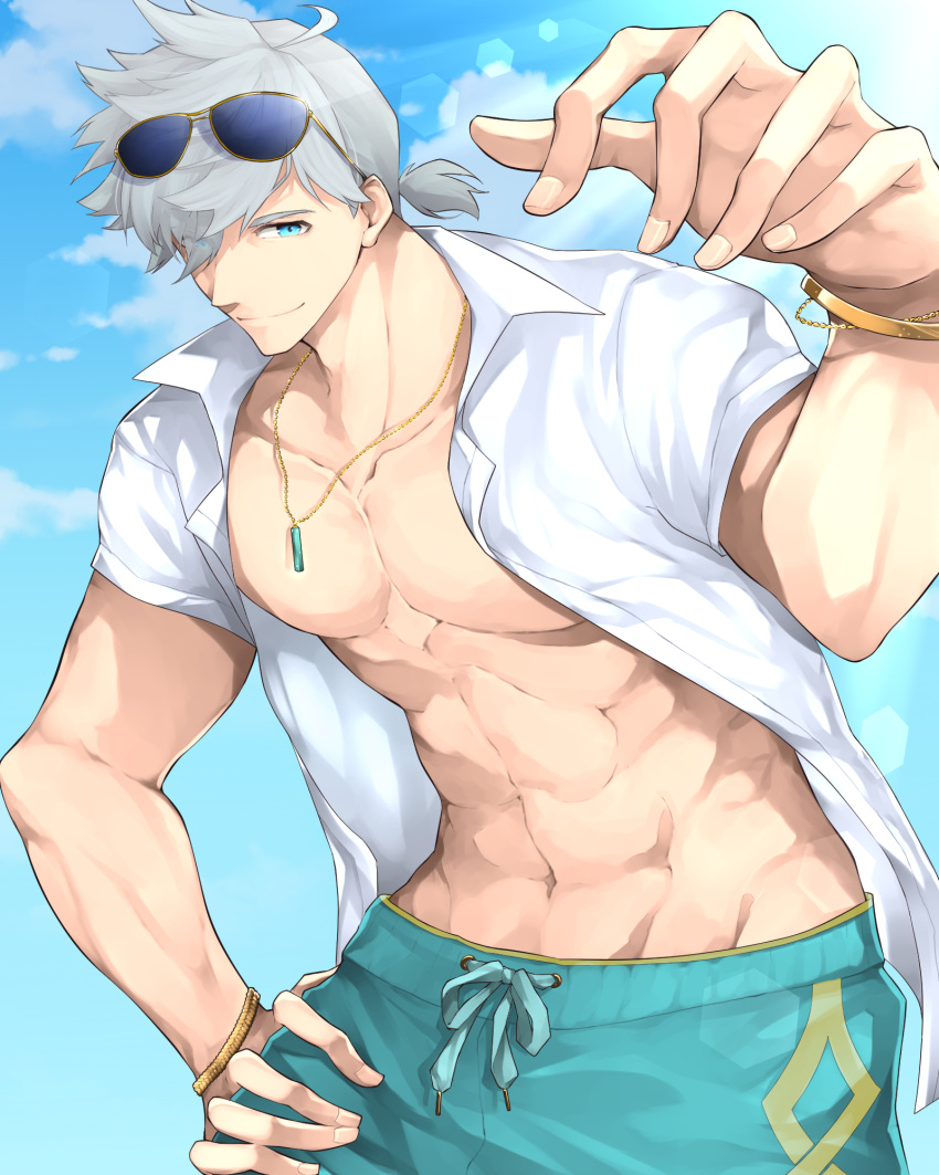 1boy abs blue_eyes blue_male_swimwear bracelet closed_mouth collarbone collared_shirt eyewear_on_head fate/grand_order fate_(series) hair_between_eyes hand_on_own_hip hazuki-a highres incoming_headpat jewelry leaning_forward long_hair looking_at_viewer male_focus male_swimwear muscular muscular_male necklace open_clothes open_shirt pectorals percival_(fate) ponytail shirt short_hair smile solo sunglasses swim_trunks white_hair white_shirt