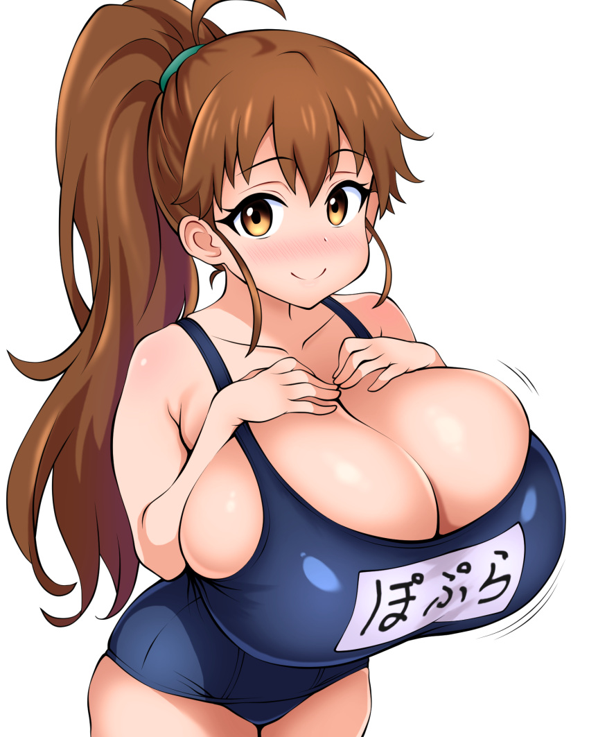 amurabito1 bare_arms bare_shoulders blue_one-piece_swimsuit blush breasts brown_eyes brown_hair bursting_breasts cleavage closed_mouth collarbone cowboy_shot female flipped_hair gigantic_breasts hair_between_eyes hands_on_own_chest hands_up high_ponytail highres long_hair looking_at_viewer name_tag nose_blush one-piece_swimsuit ponytail school_swimsuit sidelocks simple_background smile solo swimsuit taneshima_popura white_background working!!