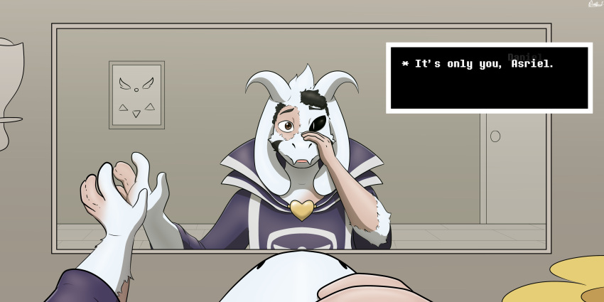 asriel_dreemurr asriel_dreemurr_(god_form) black_eyes black_hair black_markings black_sclera bovid caprine clothed clothing dialogue_box diethyl english_text first_person_view fur goat hair hi_res holding_snout horn human human_to_anthro identity_death locket long_ears looking_at_self male male_pov mammal markings mid_transformation mirror open_mouth robe simple_background snout solo species_transformation takeover text tf_into_fictional_character transformation tuft undertale undertale_(series) white_body white_fur worried_look