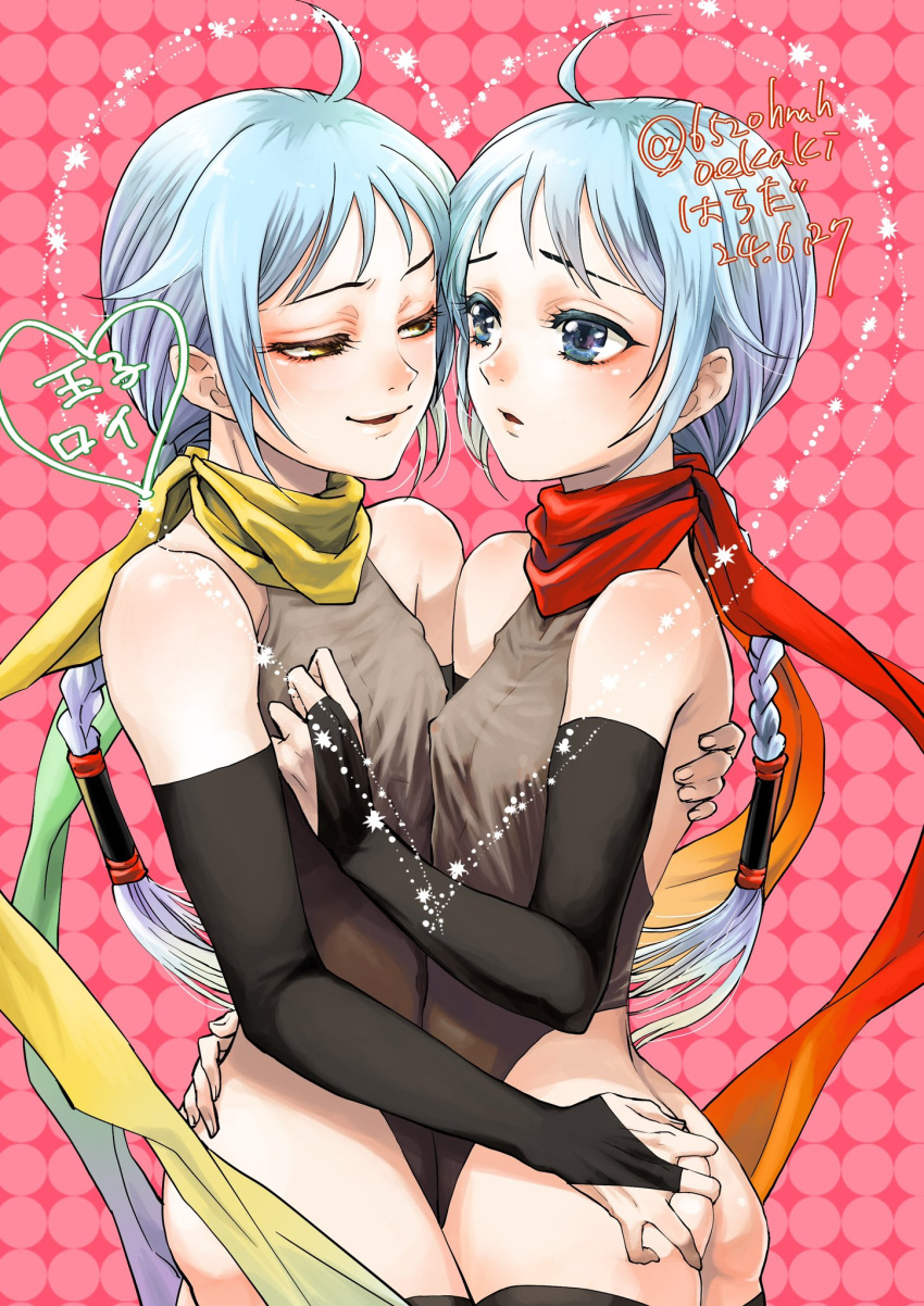 2boys ass blue_eyes dated freyjadour_falenas gensou_suikoden gensou_suikoden_v grey_hair highres hnahoekaki lips long_hair multiple_boys open_mouth polka_dot polka_dot_background roy_(suikoden) scarf smile yaoi