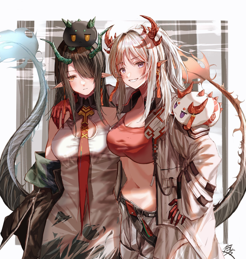 2girls arknights bandeau bare_shoulders black_hair black_jacket breasts cleavage cleavage_cutout clothing_cutout collared_dress colored_skin donata_(donatasama) dragon_bubble_(arknights) dragon_girl dragon_horns dragon_tail dress dusk_(arknights) earrings flame-tipped_tail green_skin grey_hair hair_intakes highres horns jacket jacket_partially_removed jewelry long_hair midriff multicolored_hair multiple_girls navel nian_(arknights) open_clothes open_jacket orange_eyes pointy_ears ponytail purple_eyes red_bandeau red_hair red_skin shorts siblings sisters sleeveless sleeveless_dress streaked_hair tail tassel tassel_earrings white_dress white_jacket white_shorts