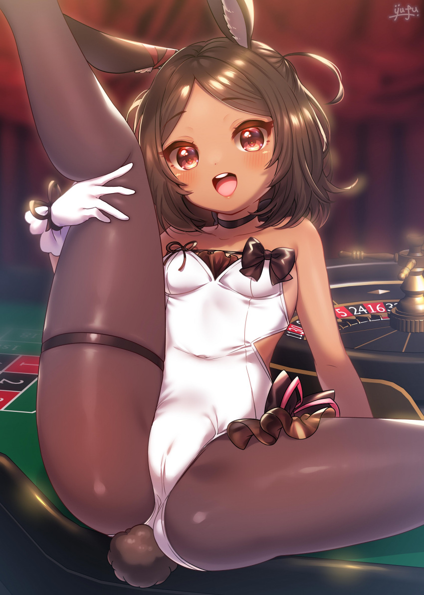 :d absurdres alternate_costume animal_ears arm_behind_back arm_support azur_lane bare_shoulders black_choker blush breasts brown_hair casino choker commentary_request covered_navel dark-skinned_female dark_skin female gloves hand_up happy highres holding_own_leg i-26_(azur_lane) leg_up legs leotard medium_hair orange_eyes playboy_bunny presenting rabbit_ears rabbit_girl rabbit_tail roulette_table sitting skin_tight small_breasts smile solo spread_legs strapless strapless_leotard table tail teeth thighs upper_teeth_only white_gloves white_leotard yufukiri