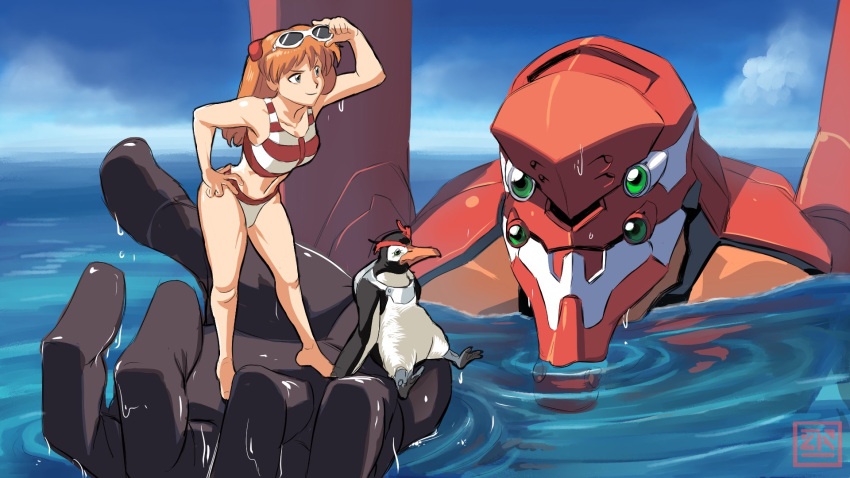 :> alternate_breast_size barefoot bikini bird blue_eyes breasts brown_hair curvy day eva_02 evangelion_(mecha) eyewear_on_head female full_body hand_on_own_hip highres long_hair mecha medium_breasts navel neon_genesis_evangelion penguin penpen robot smile souryuu_asuka_langley striped_bikini striped_clothes swimsuit two-tone_bikini water wet wide_hips zestysauce