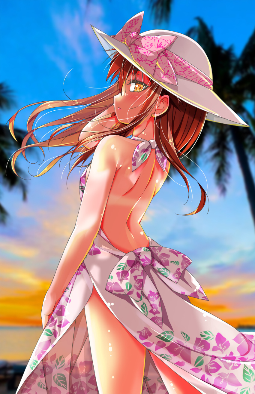 back backless_dress backless_outfit bare_back breasts brown_hair cafe-chan_to_break_time cafe_(cafe-chan_to_break_time) commentary_request dress female floating_hair hat highres long_hair looking_at_viewer looking_back orange_eyes outdoors porurin print_dress sky small_breasts solo sun_hat sunset tan tanlines wind