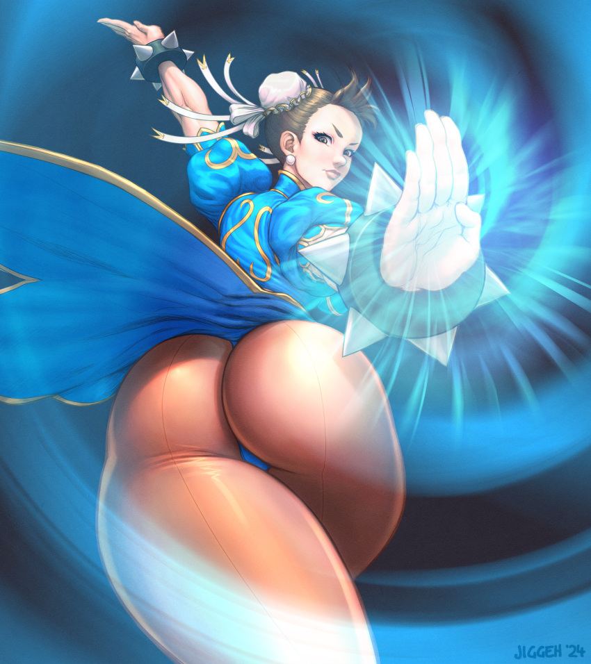 artist_name ass bracelet breasts brown_eyes brown_hair bun_cover china_dress chinese_clothes chun-li closed_mouth commentary dress earrings female from_behind gold_trim hair_ornament highleg highres jewelry jiggeh kikouken lips looking_at_viewer looking_back medium_breasts pantyhose puffy_short_sleeves puffy_sleeves short_sleeves signature simple_background spiked_bracelet spikes street_fighter street_fighter_ii_(series)