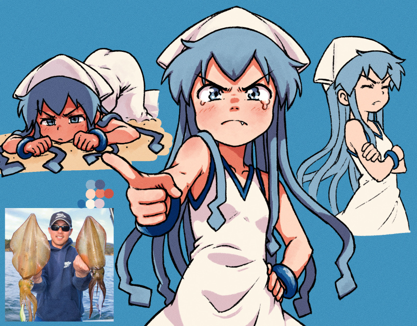 1boy baseball_cap beachepisode blue_background blue_eyes blue_hair breasts closed_mouth crossed_arms fang_out female hand_on_own_hip hat highres ikamusume long_hair oerba_yun_fang photo_inset pointing pointing_at_viewer shinryaku!_ikamusume simple_background small_breasts squid sunglasses tentacle_hair