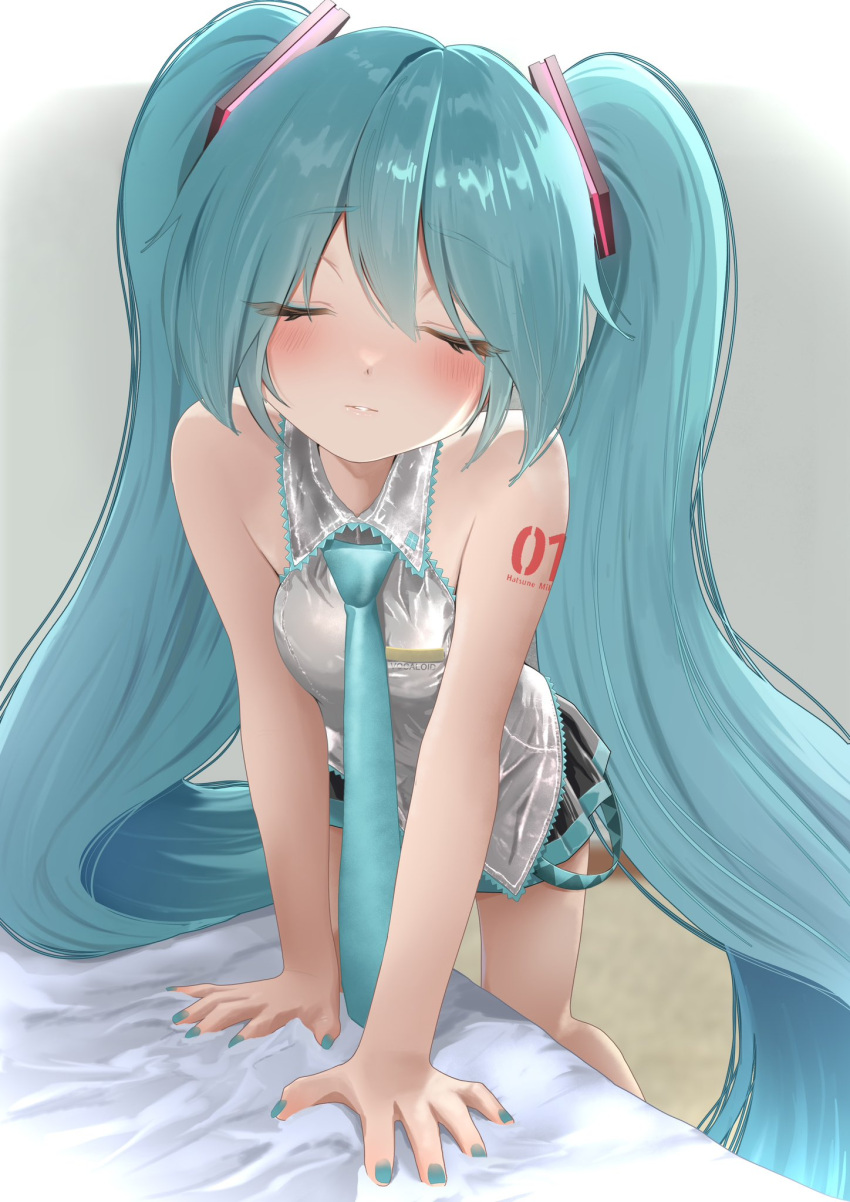 aqua_hair aqua_nails aqua_necktie arm_support bare_shoulders black_skirt blush closed_eyes closed_mouth facing_viewer female grey_shirt hair_ornament hatsune_miku highres incoming_kiss leaning_forward long_hair miniskirt nail_polish nami_(rick_nami) necktie parted_lips pleated_skirt shirt skirt sleeveless sleeveless_shirt solo standing twintails variant_set very_long_hair vocaloid