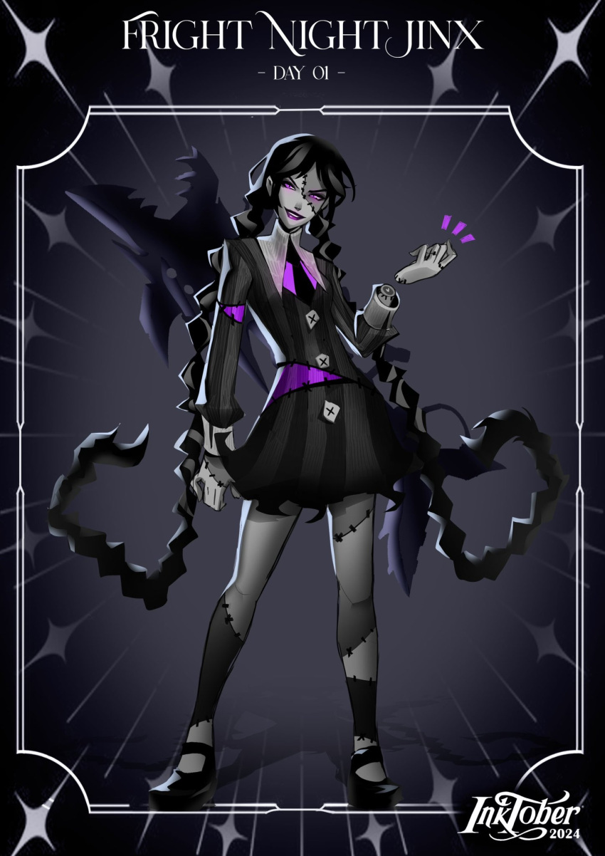 2024 black_dress black_necktie braid character_name cosplay disembodied_hand dress english_text female glowing glowing_eyes grey_background grin harimi_(harimizz) highres inktober jinx_(league_of_legends) league_of_legends long_hair necktie pink_eyes pink_shirt scar shirt shoes smile solo striped_clothes striped_dress teeth thing_(addams_family) twin_braids twintails very_long_hair wednesday_addams wednesday_addams_(cosplay)