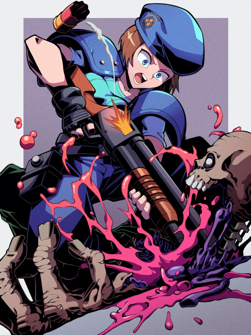 blood blue_eyes breasts brown_hair colored_skin female fingerless_gloves firing gloves gun hat highres holding holding_gun holding_weapon jill_valentine open_mouth pechamaju resident_evil short_hair shotgun skeletal_hand undead weapon zombie