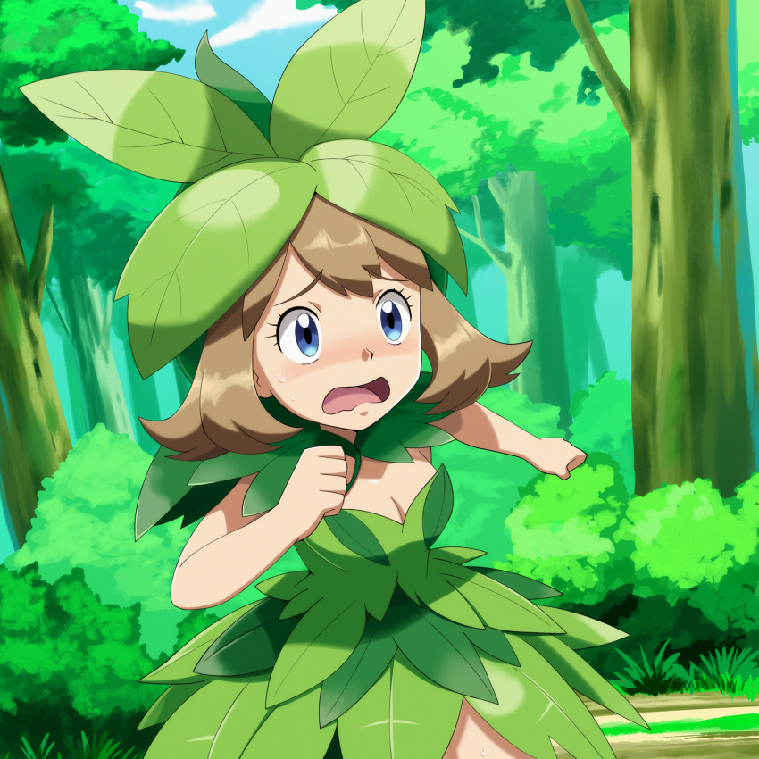 alternate_costume blue_eyes breasts brown_hair bush cleavage clenched_hands cloud conejologia day eyelashes female grass green_hat hat highres may_(pokemon) medium_hair mixed-language_commentary open_mouth outdoors pokemon pokemon_(anime) pokemon_rse_(anime) sky solo sweatdrop tongue tree