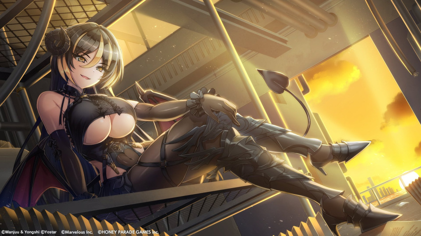 amadea_wolfa azur_lane black_hair breasts cosplay crossed_legs curled_horns demon_horns demon_tail demon_wings dolphin_wave elbow_gloves female gloves hair_between_eyes high_heels highres hindenburg_(azur_lane) hindenburg_(azur_lane)_(cosplay) horns large_breasts leggings long_hair looking_at_viewer official_art ootomo_takuji sitting skindentation striped_hair sunset tail thigh_strap underboob wings yellow_eyes