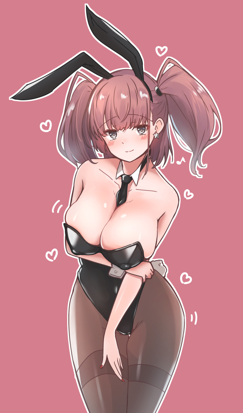 702_(naotsu) absurdres alternate_costume animal_ears arm_under_breasts atlanta_(kancolle) black_leotard black_necktie black_pantyhose breasts brown_background brown_hair detached_collar fake_animal_ears female grey_eyes highres kantai_collection large_breasts leotard long_hair necktie pantyhose playboy_bunny rabbit_ears rabbit_tail simple_background solo strapless strapless_leotard tail thighband_pantyhose two_side_up wrist_cuffs