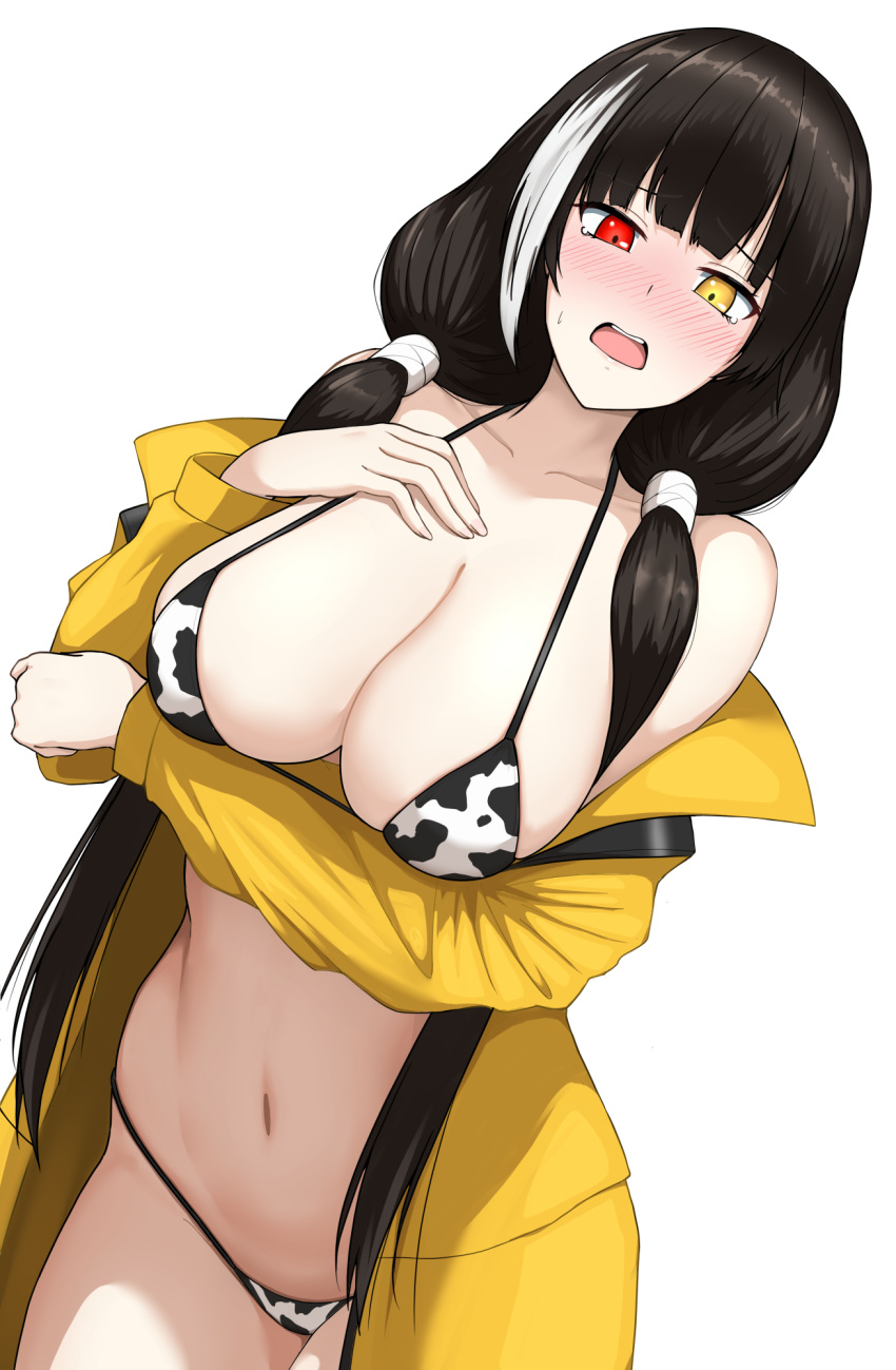 animal_print bikini black_hair blush breasts cleavage coat collarbone commentary commentary_request cow_print cow_print_bikini dutch_angle embarrassed female girls'_frontline heterochromia highres large_breasts long_hair looking_at_viewer md5_mismatch multicolored_hair navel open_clothes open_coat open_mouth print_bikini red_eyes resolution_mismatch ro635_(girls'_frontline) simple_background solo source_larger streaked_hair sumi_ojie swimsuit teeth two-tone_hair upper_teeth_only white_background white_hair yellow_coat yellow_eyes