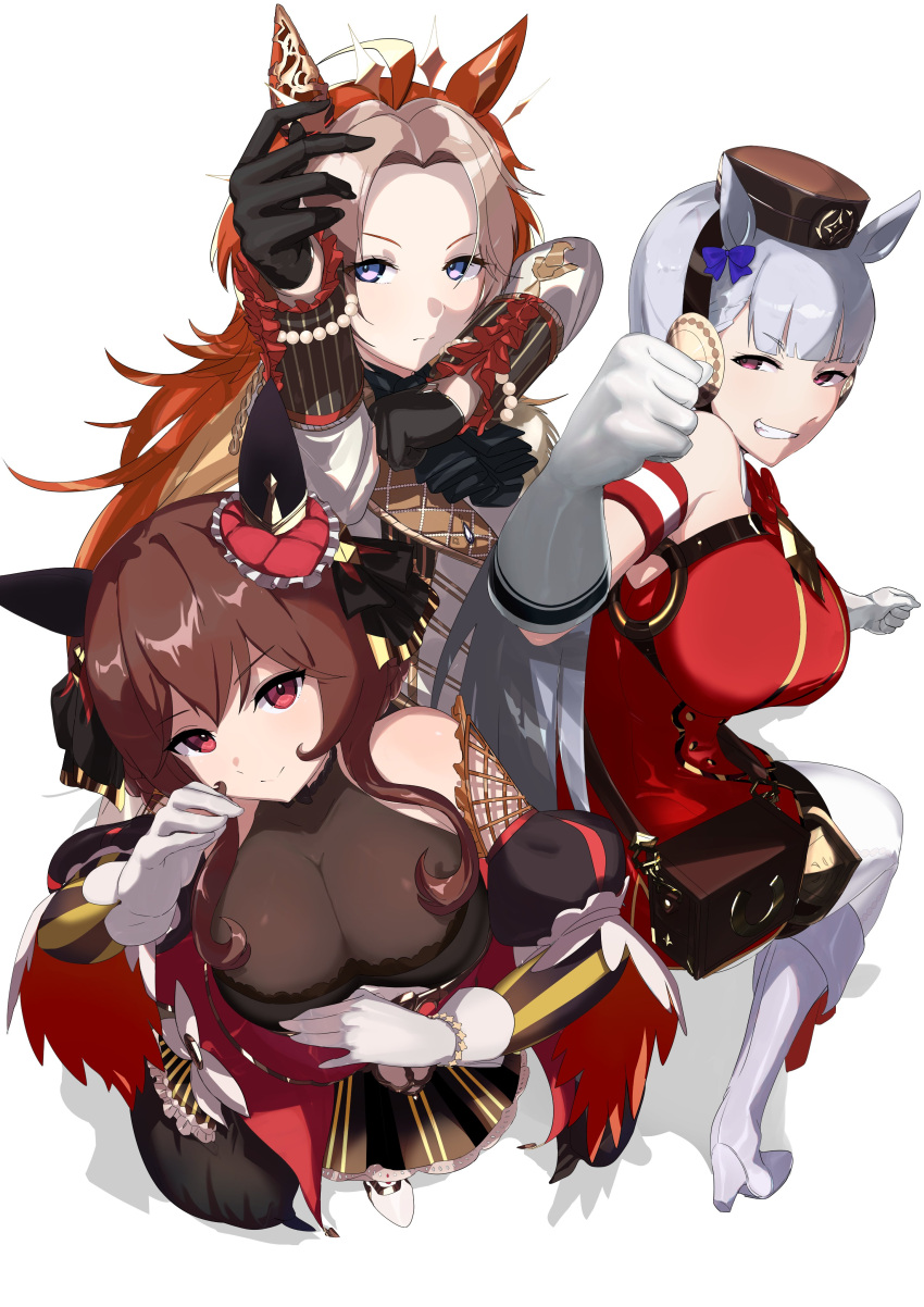 3girls absurdres animal_ears arm_up bare_shoulders black_gloves blunt_bangs boots bow bowtie breasts brown_hair cleavage clenched_hand dress ear_covers from_above gentildonna_(umamusume) gloves gold_ship_(umamusume) grey_hair grin hair_intakes highres horse_ears horse_girl large_breasts long_hair long_sleeves looking_at_viewer looking_up multiple_girls orange_hair orfevre_(umamusume) pillbox_hat purple_eyes red_bow red_bowtie red_dress red_eyes see-through_clothes shiromeshi_(humituki0730) simple_background single_ear_cover sleeveless sleeveless_dress smile umamusume white_background white_footwear white_gloves white_hair