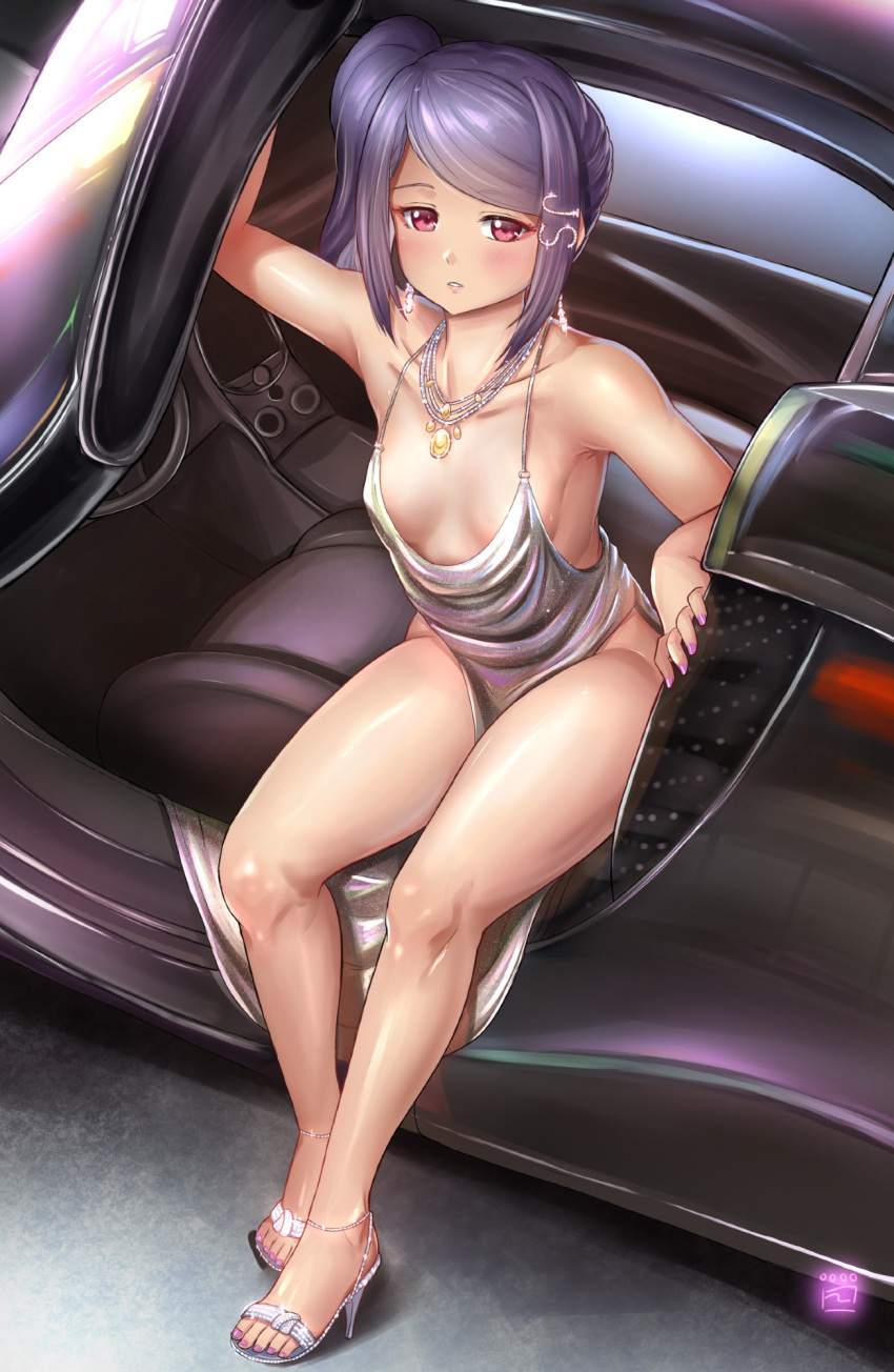 alternate_costume artist_logo azur_lane backless_dress backless_outfit bare_arms breasts breasts_apart car collarbone commentary_request cosplay dress feet female finalcake hair_ornament high_heels highres jewelry jill_stingray looking_at_viewer motor_vehicle nail_polish necklace no_bra no_panties parted_lips purple_hair purple_nails red_eyes revealing_clothes revision sandals shiny_footwear side_ponytail sidelocks silver_dress silver_footwear small_breasts solo st._louis_(azur_lane) st._louis_(azur_lane)_(cosplay) st._louis_(luxurious_wheels)_(azur_lane) strappy_heels thighs toeless_footwear toenail_polish toenails toes va-11_hall-a