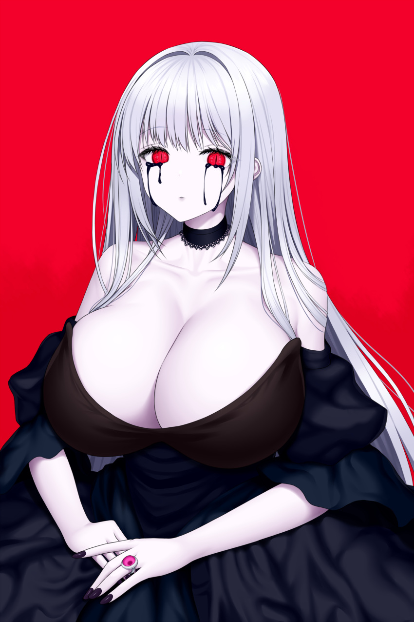 absurdres asamura_hiori bare_shoulders black_choker black_liquid black_nails black_tears breasts choker closed_mouth collarbone female grey_hair highres huge_breasts jewelry liquid_from_eyes long_hair looking_at_viewer nail_polish original ornate_ring pale_skin red_eyes ring slit_pupils solo tears