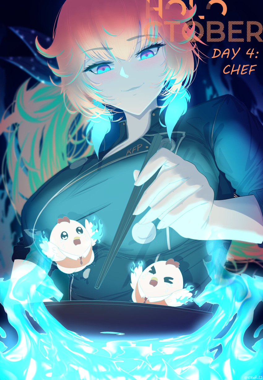 absurdres black_shirt blue_fire blue_hair breasts chef cooking ellier23 feathers female fire foreshortening gradient_hair green_hair hair_ribbon highres hololive hololive_english kfp_employee_(takanashi_kiara) large_breasts looking_at_viewer multicolored_hair orange_hair purple_eyes ribbon shirt side_ponytail smug takanashi_kiara taut_clothes taut_shirt virtual_youtuber wok