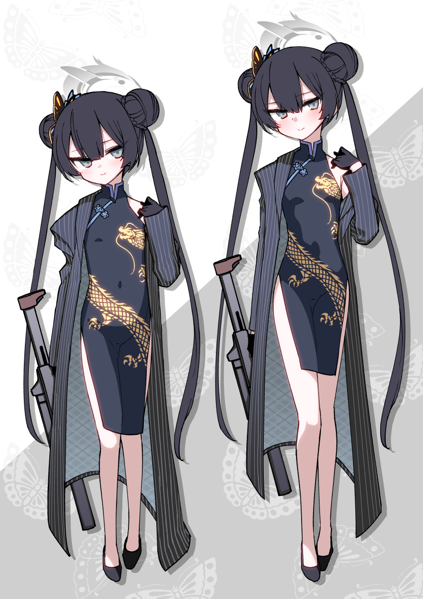 absurdres black_footwear black_hair black_jacket blue_archive breasts butterfly_hair_ornament china_dress chinese_clothes commentary_request cs/ls06 double_bun dragon_print dress female full_body grey_eyes grey_halo gun hair_bun hair_ornament halo highres hitotose_rin jacket kisaki_(blue_archive) long_hair looking_at_viewer multiple_views pelvic_curtain print_dress shoes small_breasts smile standing striped_clothes striped_jacket submachine_gun twintails vertical-striped_clothes vertical-striped_jacket weapon