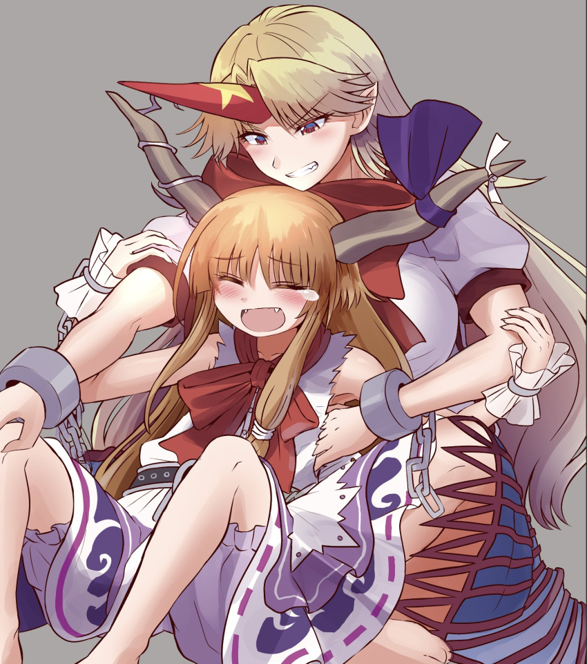 2girls blonde_hair bloomers blush bow brown_horns chains closed_eyes cuffs elaphe_guttata6 fangs grey_background grin hairbow highres horn_ornament horn_ribbon horns hoshiguma_yuugi ibuki_suika layered_skirt long_hair multiple_girls oni open_mouth orange_hair pointy_ears purple_skirt red_bow red_eyes red_horns ribbon shackles shirt single_horn skirt smile tears tickling torn_clothes torn_sleeves touhou white_shirt wrist_cuffs