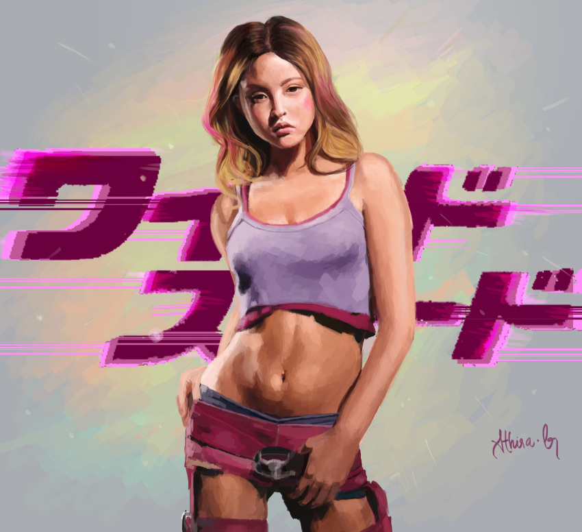 2_fast_2_furious absurdres artist_name athirag brown_hair closed_mouth commentary cowboy_shot crop_top devon_aoki fast_&_furious female hand_on_own_hip highres long_hair looking_at_viewer navel pants pink_pants pink_shorts purple_shirt shirt shorts solo suki_(2_fast_2_furious)