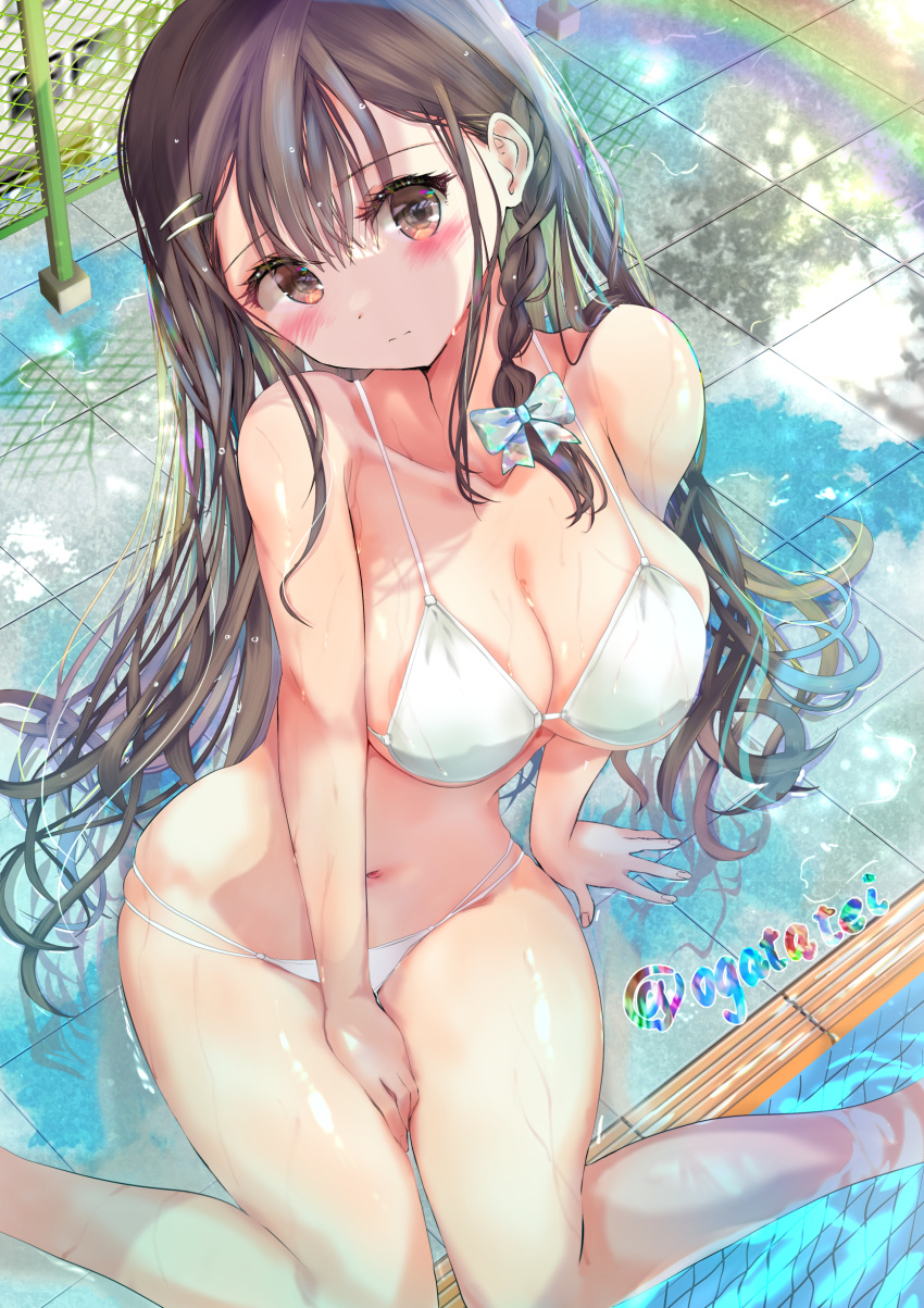 absurdres bikini black_hair blush braid breasts brown_eyes commentary_request embarrassed feet_out_of_frame female highres large_breasts long_hair navel nose_blush ogata_tei original rainbow single_braid sitting soaking_feet solo swimsuit twintails wariza water white_bikini