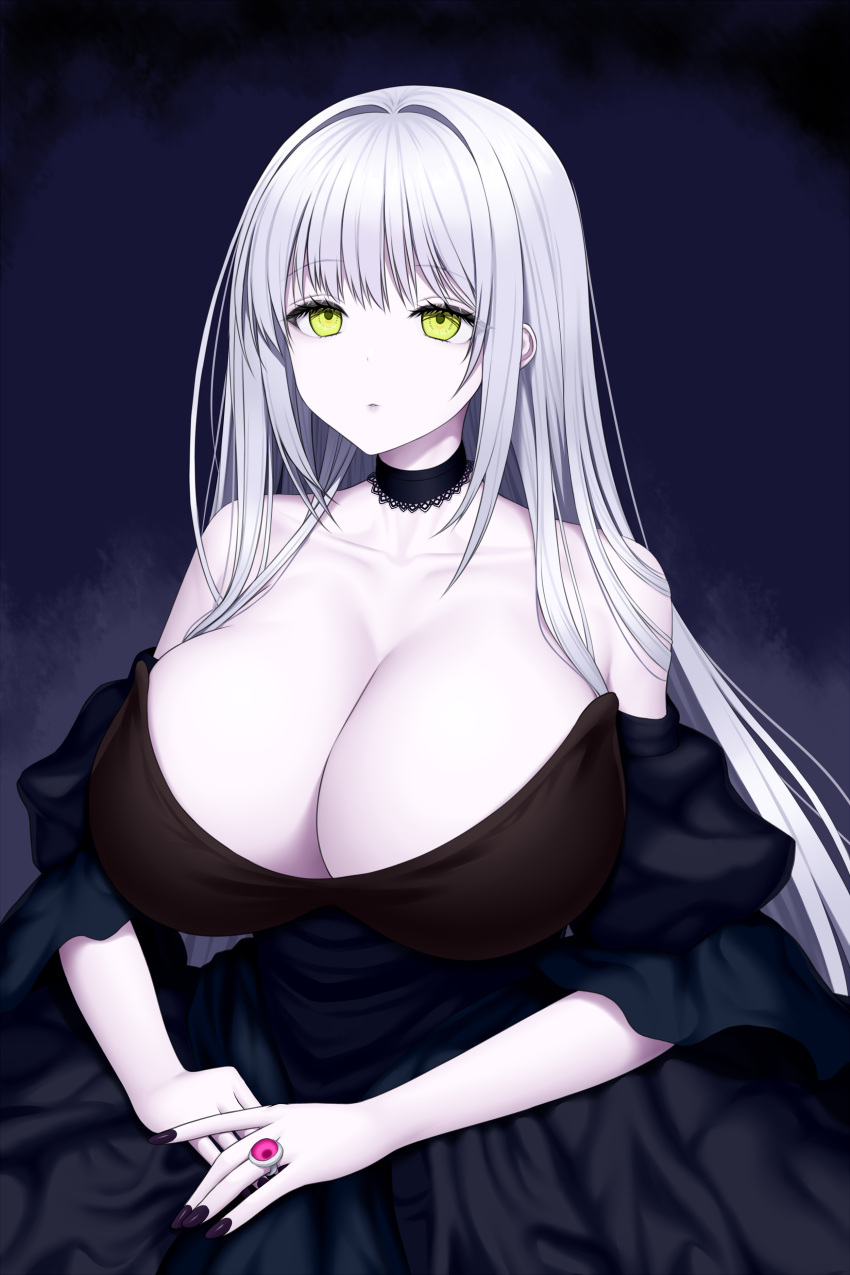 absurdres asamura_hiori bare_shoulders black_choker black_dress black_nails breasts choker closed_mouth collarbone dress female grey_hair highres huge_breasts jewelry long_hair nail_polish original ornate_ring pale_skin ring solo yellow_eyes