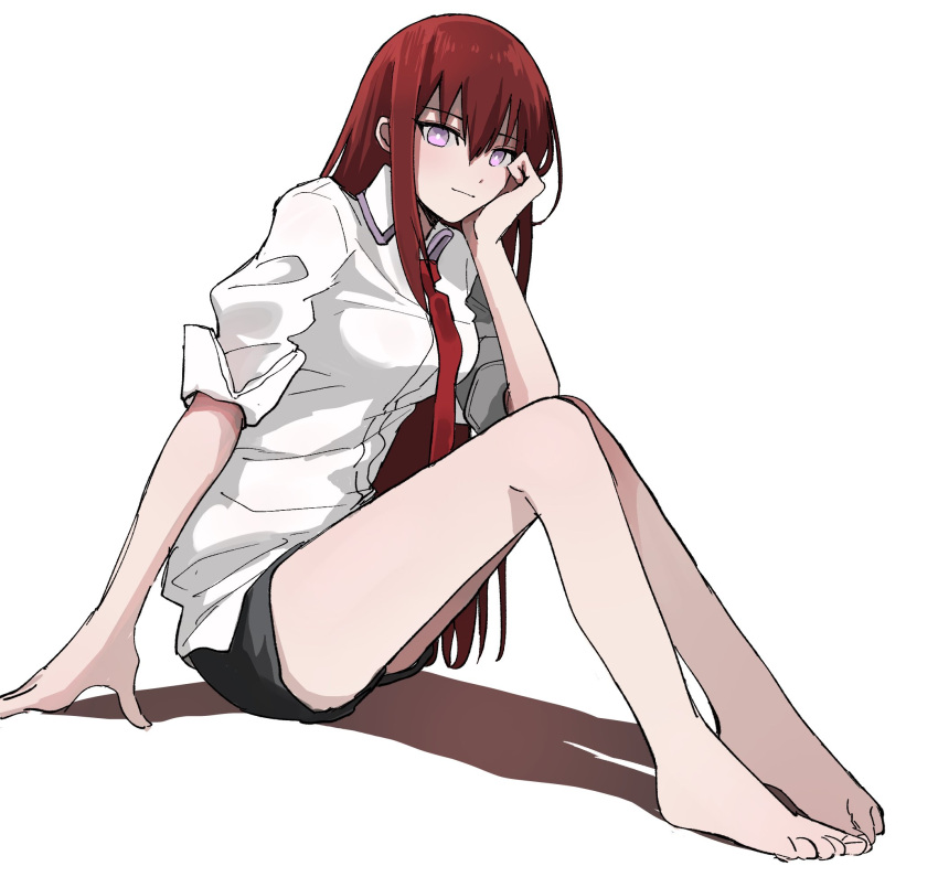 barefoot black_shorts closed_mouth collared_shirt commentary_request female full_body highres light_smile long_hair looking_at_viewer makise_kurisu necktie purple_eyes red_hair red_necktie shirt shorts simple_background sitting sleeves_rolled_up solo steins;gate suehiroch0 white_background white_shirt