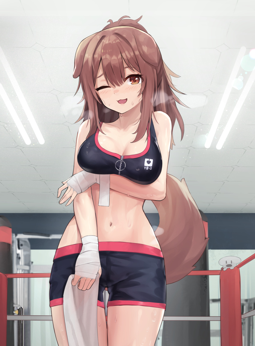 absurdres animal_ears arm_under_breasts bandaged_hand bandages black_shorts black_sports_bra blush boxing_ring breasts brown_hair brown_tail cleavage collarbone commentary_request dog_ears dog_girl dog_tail female hair_intakes highres hololive indoors inugami_korone inugami_korone_(8th_costume) long_hair looking_at_viewer medium_breasts navel one_eye_closed open_mouth red_eyes short_shorts shorts smile solo sports_bra tail virtual_youtuber woogi_(duguddnr) zipper_pull_tab