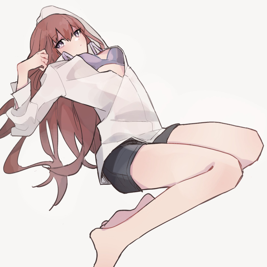 arms_up bare_legs barefoot black_shorts bra closed_mouth collared_shirt commentary expressionless feet_out_of_frame female highres long_hair long_sleeves looking_at_viewer makise_kurisu open_clothes open_shirt purple_eyes red_hair shirt shorts simple_background solo steins;gate suehiroch0 underwear white_background white_shirt