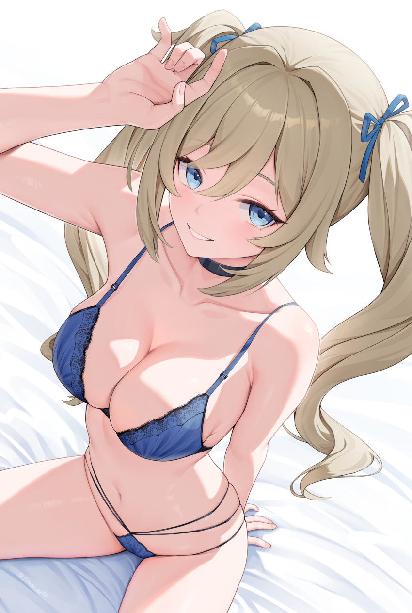 absurdres arm_support arm_up barbara_(genshin_impact) black_choker blonde_hair blue_bra blue_eyes blue_panties blue_ribbon blush bra breasts choker cleavage female genshin_impact hair_between_eyes hair_ribbon highres large_breasts long_hair looking_at_viewer navel paid_reward_available panties ribbon rosumerii sitting skindentation smile solo stomach twintails underwear underwear_only