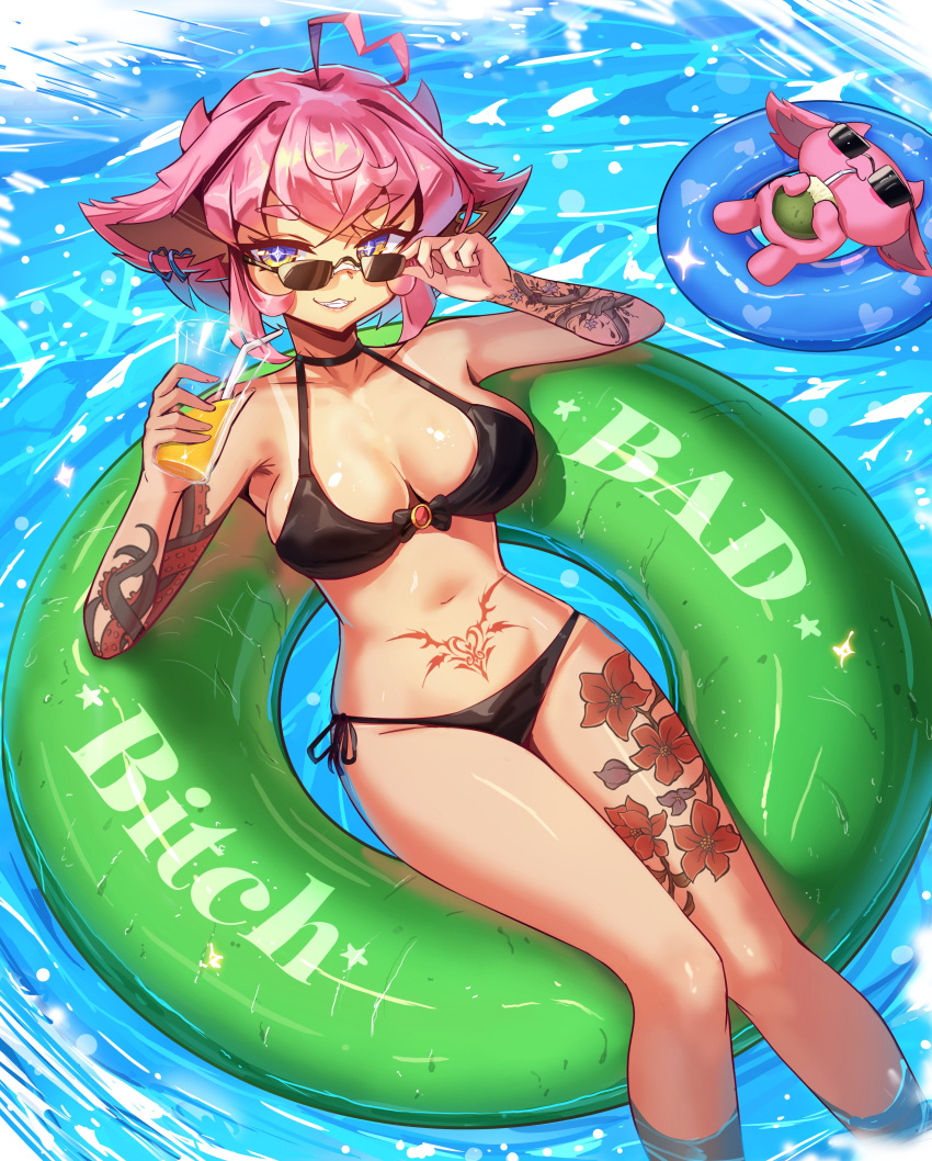 absurdres ahoge arm_tattoo bikini black_bikini breasts collarbone cup drinking_glass drinking_straw earrings el_xox female heart heart_earrings highres holding holding_cup indie_virtual_youtuber jewelry knightfang leg_tattoo navel pink_hair purple_eyes short_hair side-tie_bikini_bottom smile sparkling_eyes stomach_tattoo sunglasses swim_ring swimsuit tattoo virtual_youtuber water