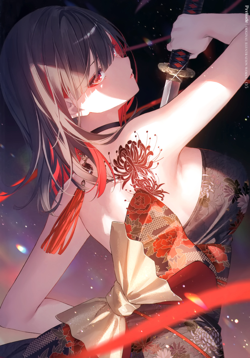 absurdres arm_up back_bow back_tattoo bare_shoulders black_dress black_hair bow breasts dress female from_behind highres holding holding_sword holding_weapon long_hair looking_at_viewer multicolored_hair original parted_lips red_eyes red_hair scan solo sword tattoo toosaka_asagi tsukimiya_kaoru weapon