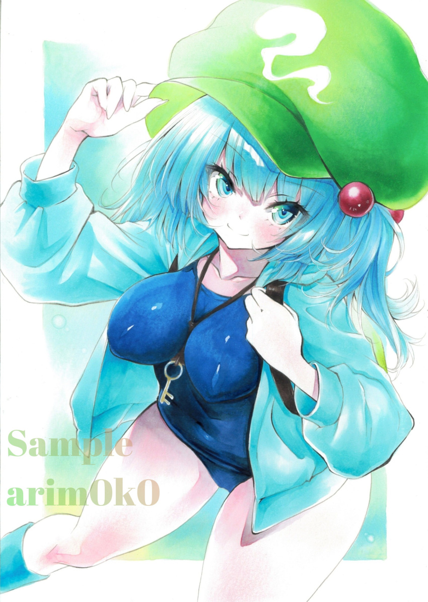 absurdres arim0k0 artist_name blue_background blue_eyes blue_hair blue_jacket blue_one-piece_swimsuit blush closed_mouth commentary feet_out_of_frame female flat_cap green_hat hand_on_headwear hat highres jacket kawashiro_nitori key long_sleeves looking_at_viewer marker_(medium) mob_cap one-piece_swimsuit sample_watermark short_hair smile solo swimsuit touhou traditional_media two_side_up watermark