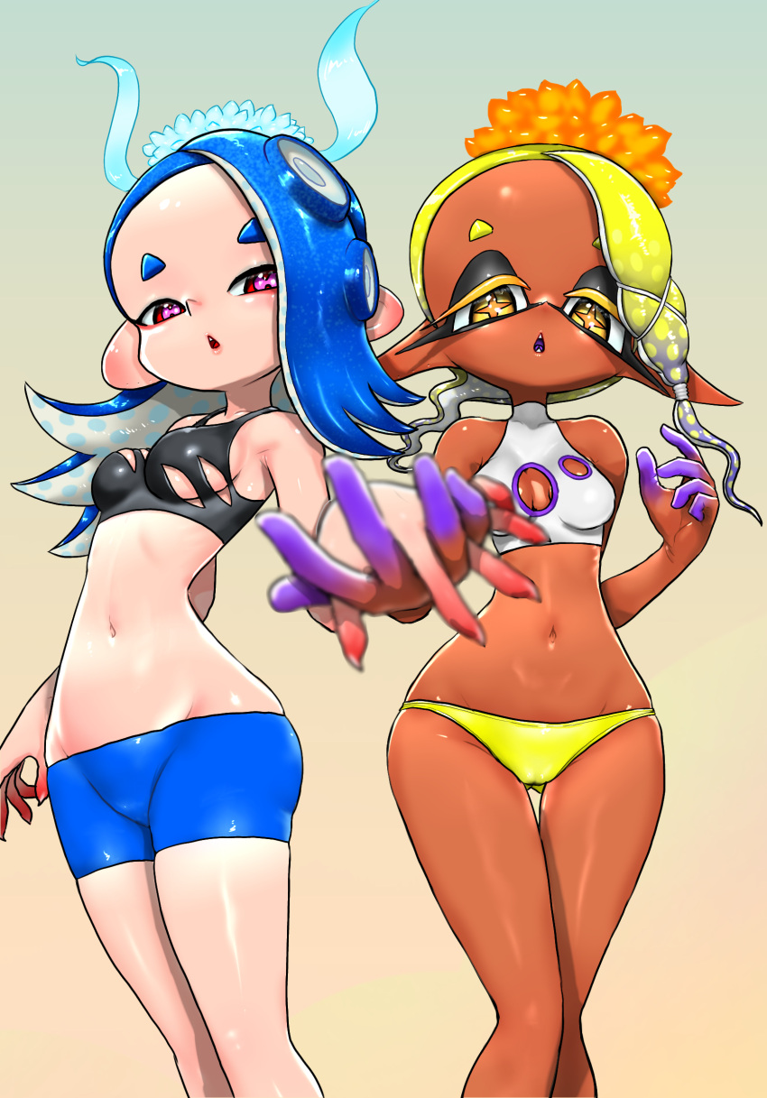 :o bikini blue_hair breasts cameltoe cleavage_cutout clothing_cutout cross-shaped_pupils dark-skinned_female dark_skin eyeshadow feet_out_of_frame frye_(splatoon) green_hair highres holding_hands inkling interlocked_fingers koharu2.5 light_brown_background lowleg lowleg_bikini lowleg_shorts makeup medium_breasts narrow_waist navel octoling open_mouth orange_pupils pink_pupils red_eyes shiver_(splatoon) shorts simple_background small_breasts splatoon_(series) swimsuit symbol-shaped_pupils tentacle_hair wide_hips yellow_eyes