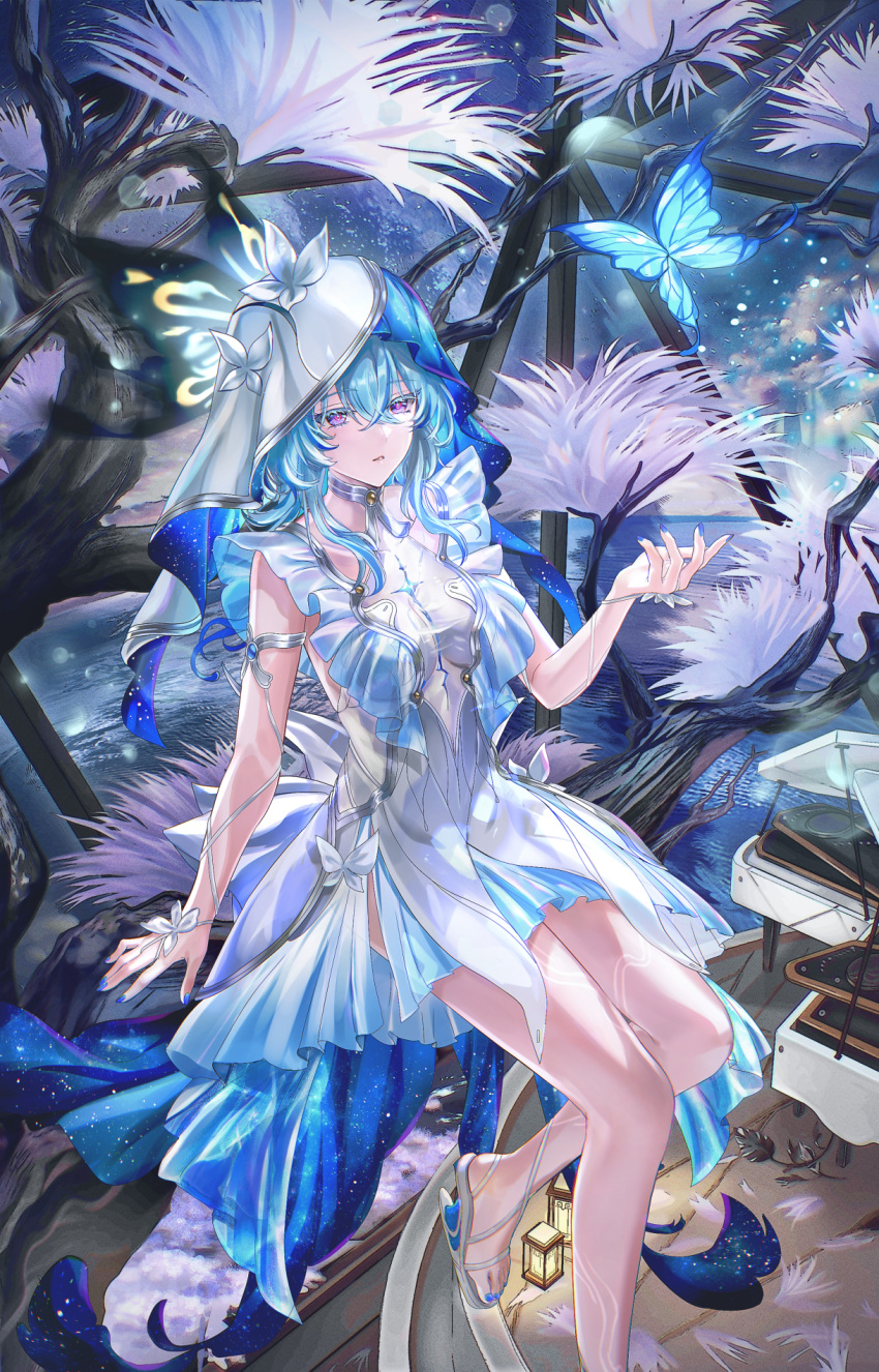 aratakosu_(tako's) armlet bare_legs blue_butterfly blue_hair blue_nails blue_veil breasts bug butterfly colored_eyelashes commentary_request dress female grand_piano hand_up heel-less_heels highres instrument jewelry large_breasts legs long_hair looking_at_animal nail_polish night night_sky on_branch parted_lips piano purple_eyes sandals sitting sitting_on_branch sky sleeveless sleeveless_dress solo the_shorekeeper_(wuthering_waves) toenail_polish toenails toes two-tone_veil veil water white_dress white_veil wuthering_waves