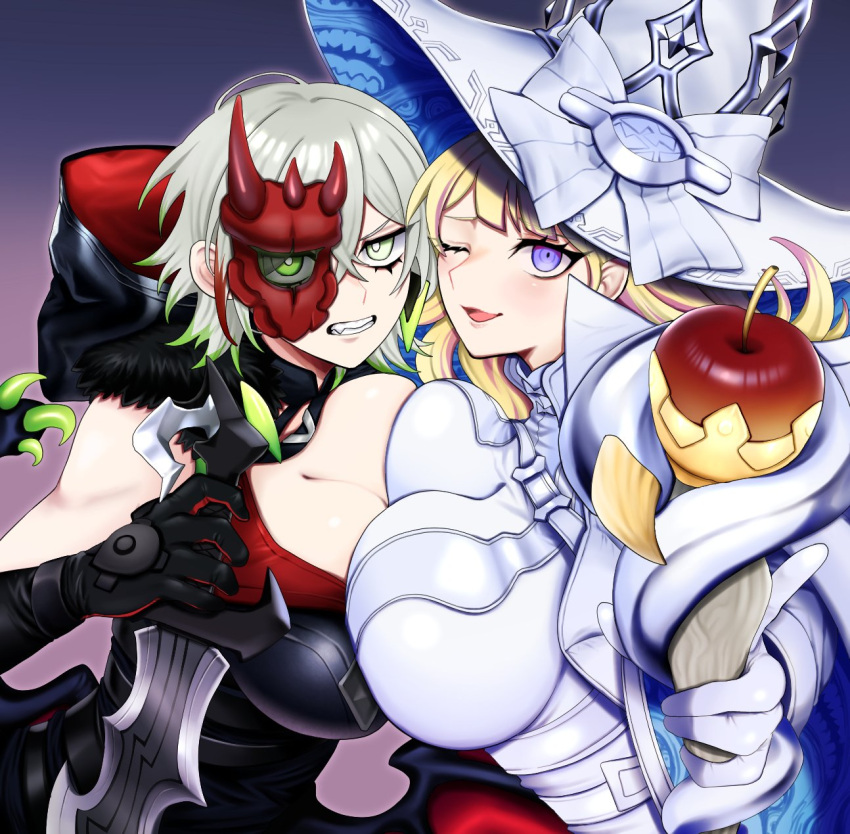 2girls blonde_hair breasts detached_sleeves diabellstar_the_black_witch diabellze_the_original_sinkeeper duel_monster fur_trim green_eyes green_hair grey_hair half_mask hat highres holding holding_staff hood large_breasts long_hair mask medium_hair multicolored_hair multiple_girls olf_factory purple_hair smile staff streaked_hair witch_hat yu-gi-oh!