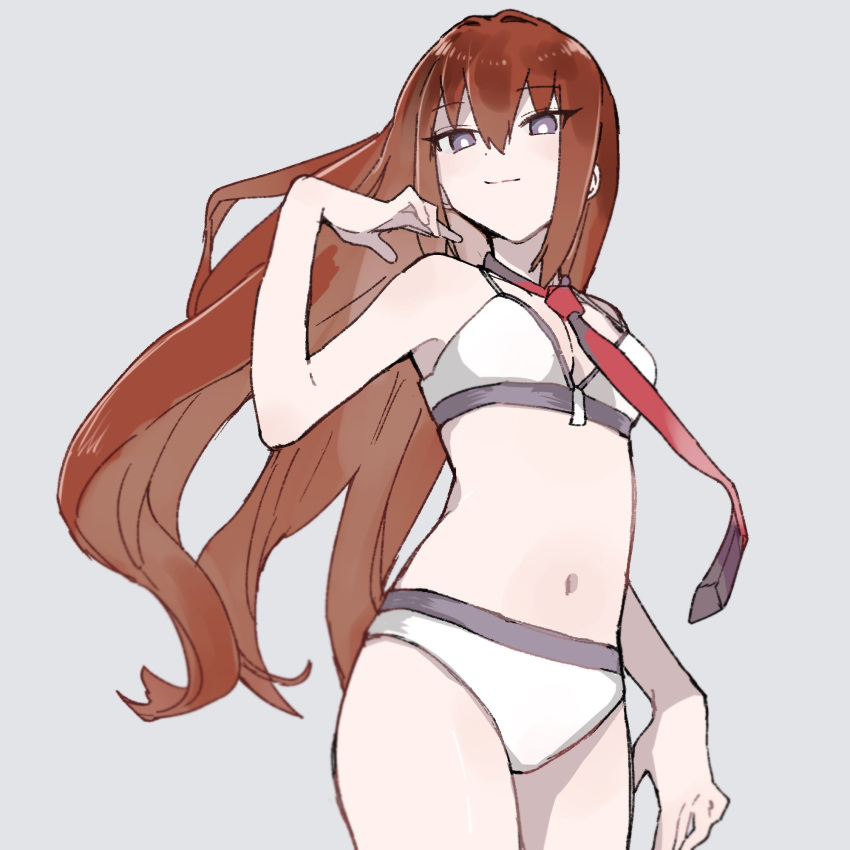 bra bright_pupils closed_mouth commentary cowboy_shot female grey_background hair_between_eyes hand_up highres light_smile long_hair looking_at_viewer makise_kurisu navel necktie panties purple_eyes red_hair red_necktie simple_background solo standing steins;gate suehiroch0 underwear very_long_hair white_bra white_panties white_pupils