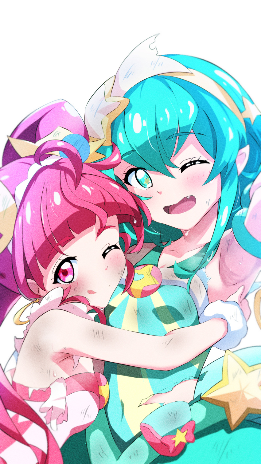 2girls :q ;d ;q absurdres armpits blue_eyes blue_hair breasts cure_milky cure_star hagoromo_lala highres hoshina_hikaru hug looking_at_viewer magical_girl multiple_girls oerba_yun_fang one_eye_closed open_mouth pink_eyes pink_hair precure sanami_(sanami_t_38) short_hair small_breasts smile star_twinkle_precure tongue tongue_out torn_clothes