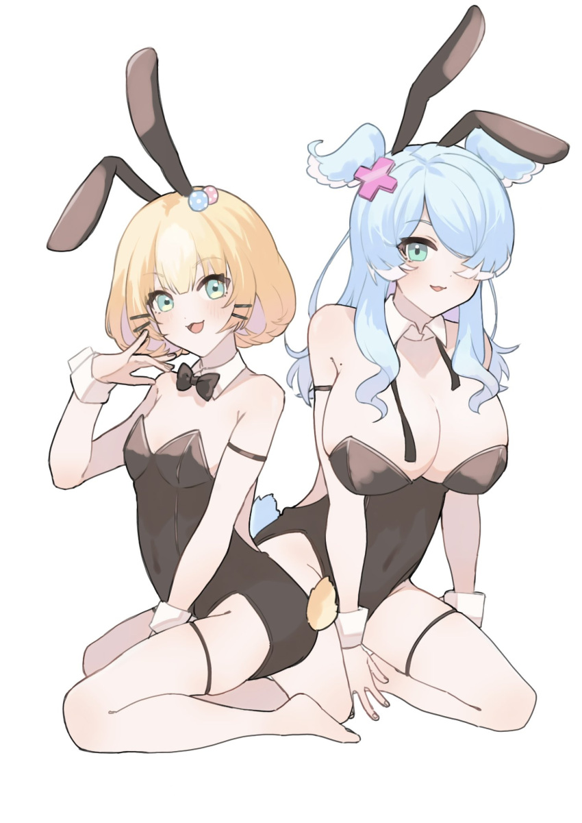 2girls :3 animal_ears aqua_eyes arm_between_legs arm_strap armpit_crease barefoot black_bow black_bowtie blonde_hair blue_hair bow bowtie breasts cleavage covered_navel detached_collar edage_18 elira_pendora fake_animal_ears fake_tail hair_over_one_eye head_wings highres kneeling large_breasts long_hair looking_at_viewer loose_necktie medium_hair millie_parfait mole mole_on_armpit multiple_girls necktie nijisanji nijisanji_en open_mouth playboy_bunny rabbit_ears rabbit_tail simple_background small_breasts tail thigh_strap virtual_youtuber white_background wings wrist_cuffs