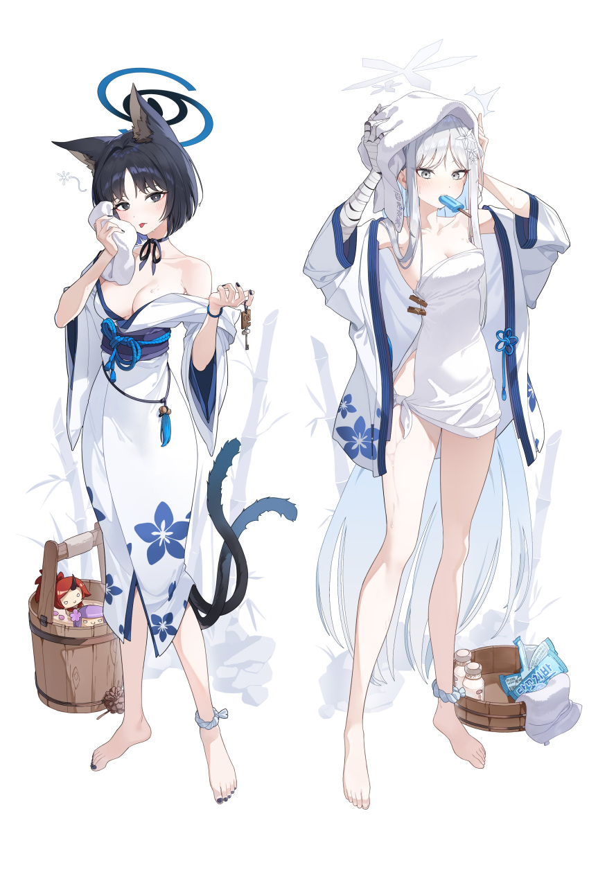 2girls absurdres alternate_costume animal_ears bakeneko bandaged_arm bandages barefoot black_eyes black_nails blue_archive blue_halo breasts bucket cat_ears cat_tail character_doll cleavage collarbone colored_eyelashes food food_in_mouth full_body grey_eyes hair_ornament halo hands_up highres holding holding_towel hoshirapu japanese_clothes kikyou_(blue_archive) kimono mouth_hold multiple_girls multiple_tails nagusa_(blue_archive) nail_polish naked_towel off_shoulder popsicle popsicle_in_mouth renge_(blue_archive) short_hair snowflake_hair_ornament standing tail tongue towel towel_on_head two_tails white_background white_halo white_kimono wooden_bucket