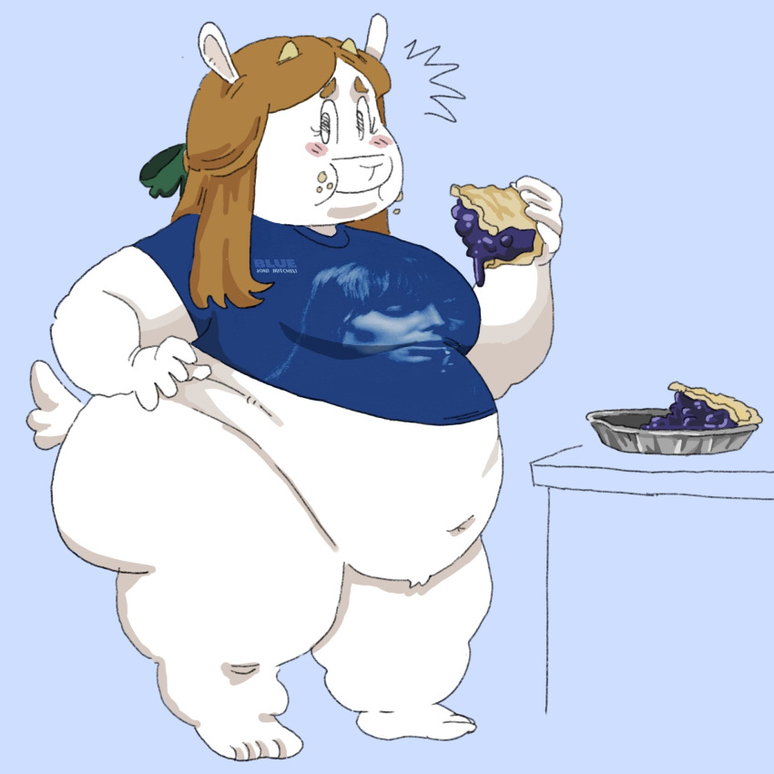 accessory anthro band_shirt belly big_belly blue_background blue_clothing blue_shirt blue_topwear blueberry_(fruit) blueberry_pie blush bottomless bovid brown_hair caprine cass_(glubbub) clothed clothing eating fat_arms fat_legs female food food_on_face fruit full-length_portrait glubbub goat hair hair_accessory hair_ribbon hi_res horn joni_mitchell looking_at_viewer mammal navel obese obese_female overweight overweight_female pastry pie plant portrait ribbons shirt short_stack short_tail simple_background solo tail topwear