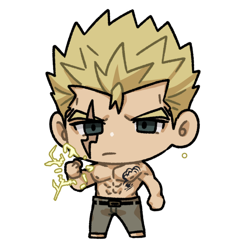 1boy abs bara barefoot belt black_belt blonde_hair chest_tattoo chibi chibi_only closed_mouth commentary_request energy fairy_tail full_body grey_eyes grey_pants highres laxus_dreyar lightning_bolt_facial_mark looking_at_viewer male_focus masa.hiro muscular muscular_male pants pectorals scar scar_across_eye short_hair simple_background solo spiked_hair tattoo topless_male v-shaped_eyebrows white_background