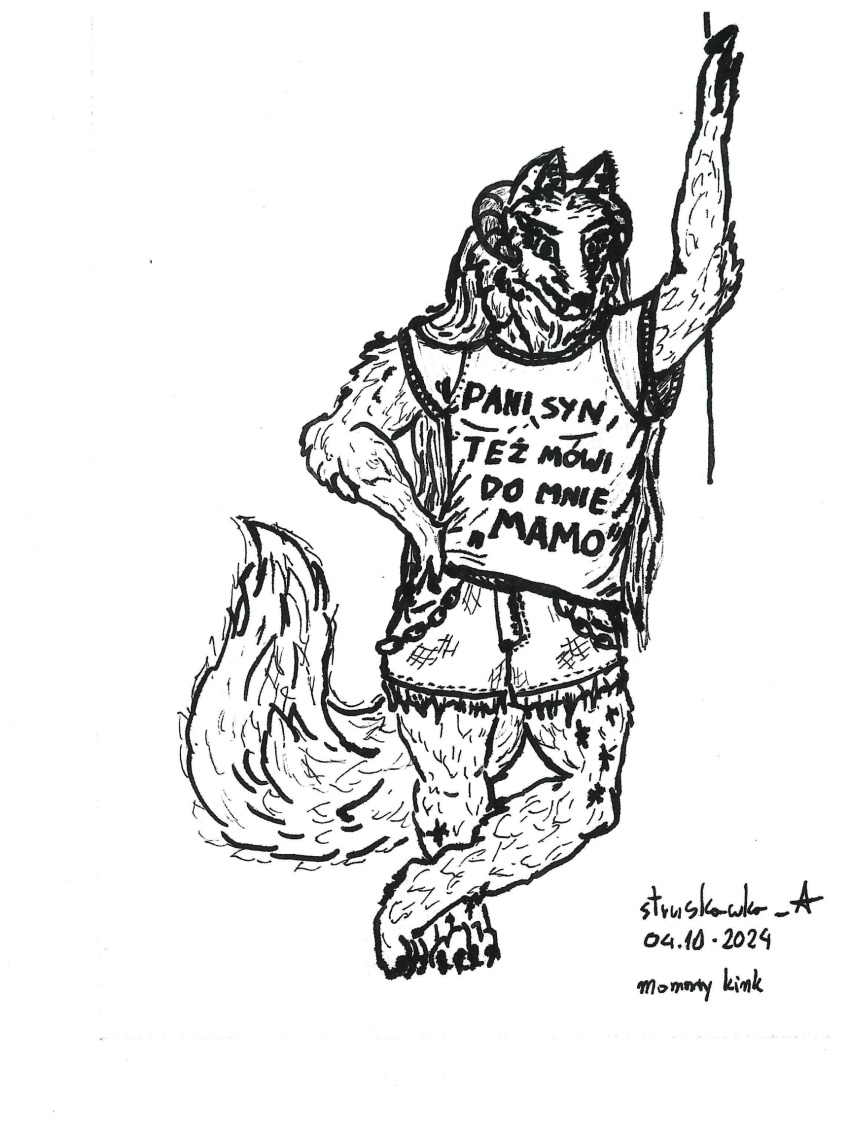 anthro bottomwear canid canine canis clothing fluffy hi_res horn humor inktober inktober_2024 kinktober kinktober_2024 mammal meme mommy_kink shirt shorts solo standing struskawka t-shirt tail text text_on_clothing text_on_shirt text_on_topwear topwear traditional_media_(artwork) trans_(lore) trans_woman_(lore) wolf