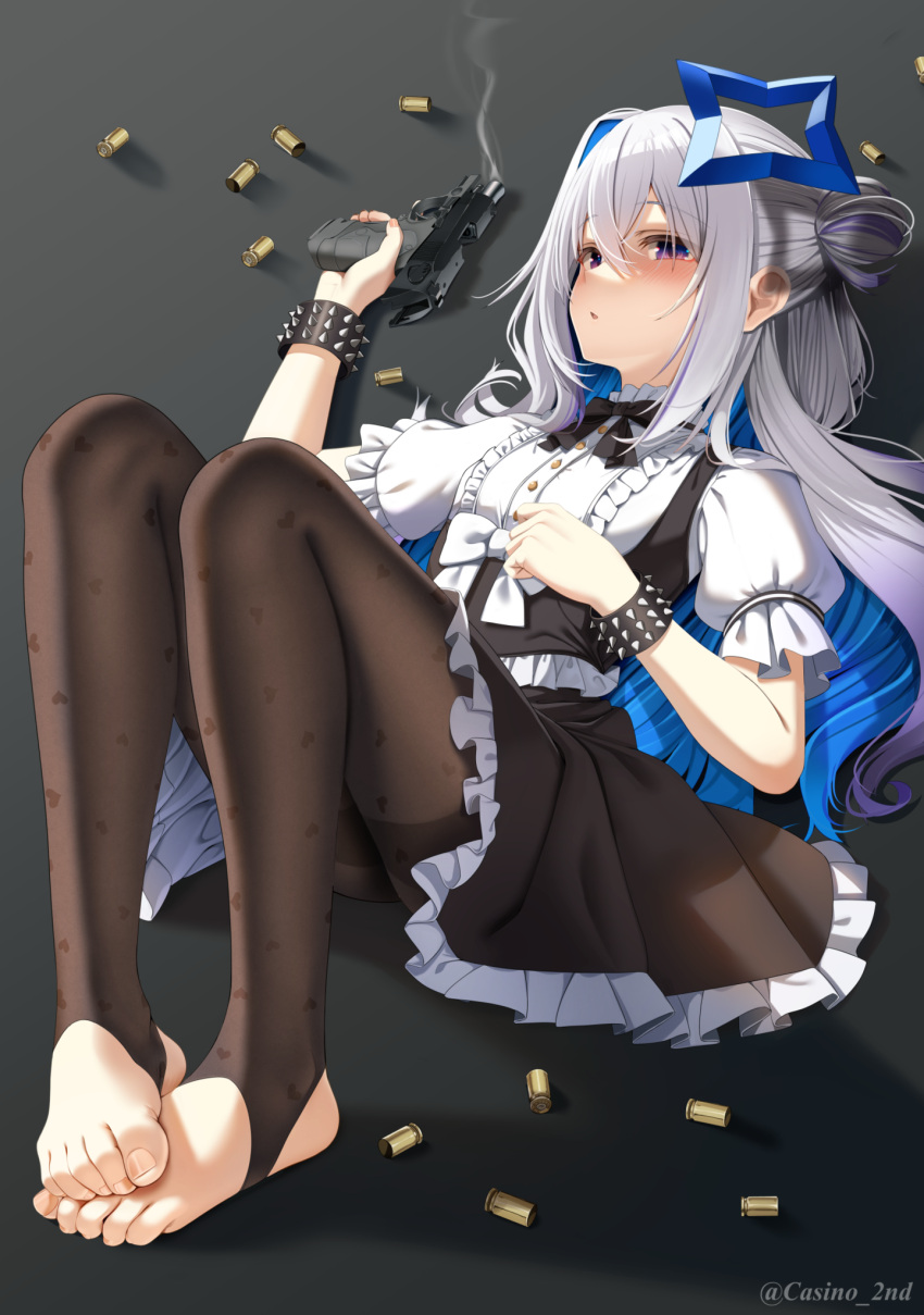 alternate_costume amane_kanata beretta_px4 blue_hair bracelet casino_(casinoep) colored_inner_hair dress feet female foot_focus frilled_dress frills full_body grey_hair gun hair_bun halo handgun highres holding holding_gun holding_weapon hololive hololive_grand_theft_auto jewelry locked_slide lying multicolored_hair no_shoes on_back pantyhose puffy_short_sleeves puffy_sleeves purple_eyes shell_casing short_sleeves single_hair_intake sitting smoke smoking_barrel solo spiked_bracelet spikes toe_scrunch toeless_legwear toes virtual_youtuber weapon