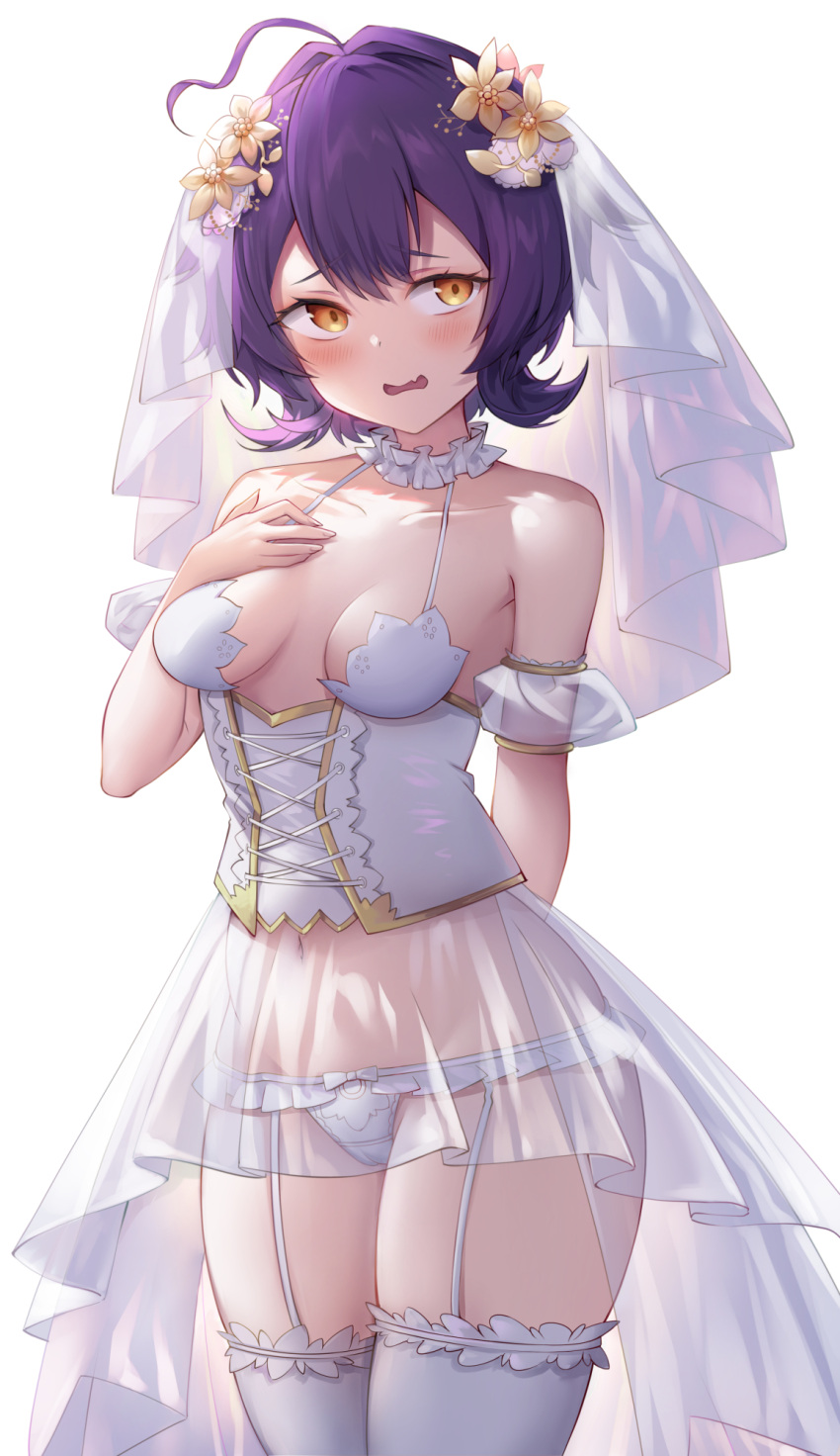 alternate_costume bra breasts bridal_veil bride chaun commentary_request corset female garter_straps highres hiiragi_utena mahou_shoujo_ni_akogarete navel open_mouth panties purple_hair short_hair showgirl_skirt simple_background small_breasts solo thighhighs underwear veil white_background white_bra white_corset white_panties white_thighhighs yellow_eyes